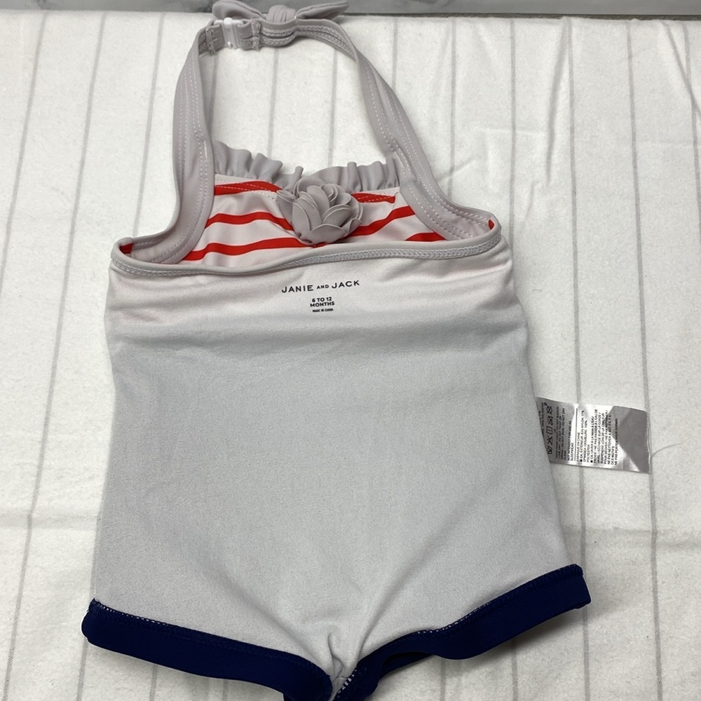 Janie & Jack Baby Girl Retro Stripe One Piece Swimwear in Red and Blue,size 6-12 - Picture 5 of 6